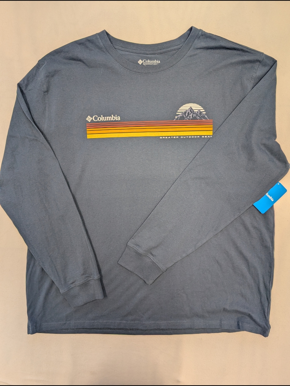 Columbia Long-Sleeve Graphic Tee in Slate Blue with Sunset Stripes
